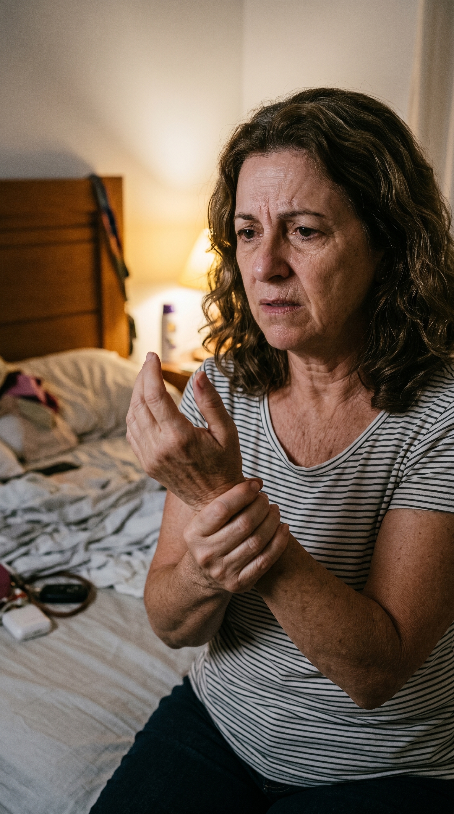 Mulher acordando à noite com desconforto na mão